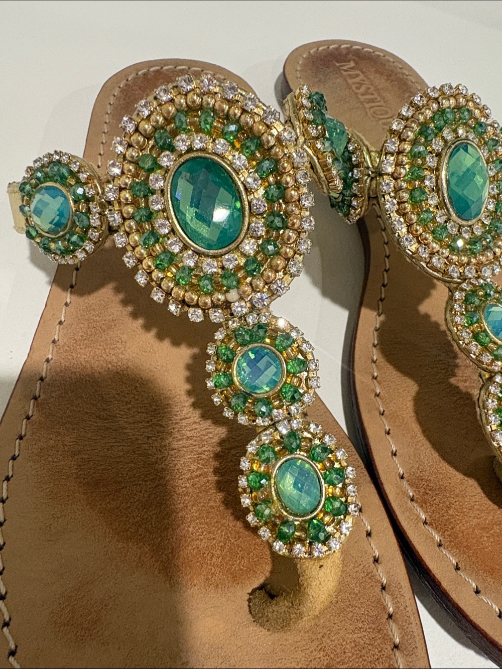 Mystique Boutique Gold Sandals with Green Gem Accents - Picture 3 of 5